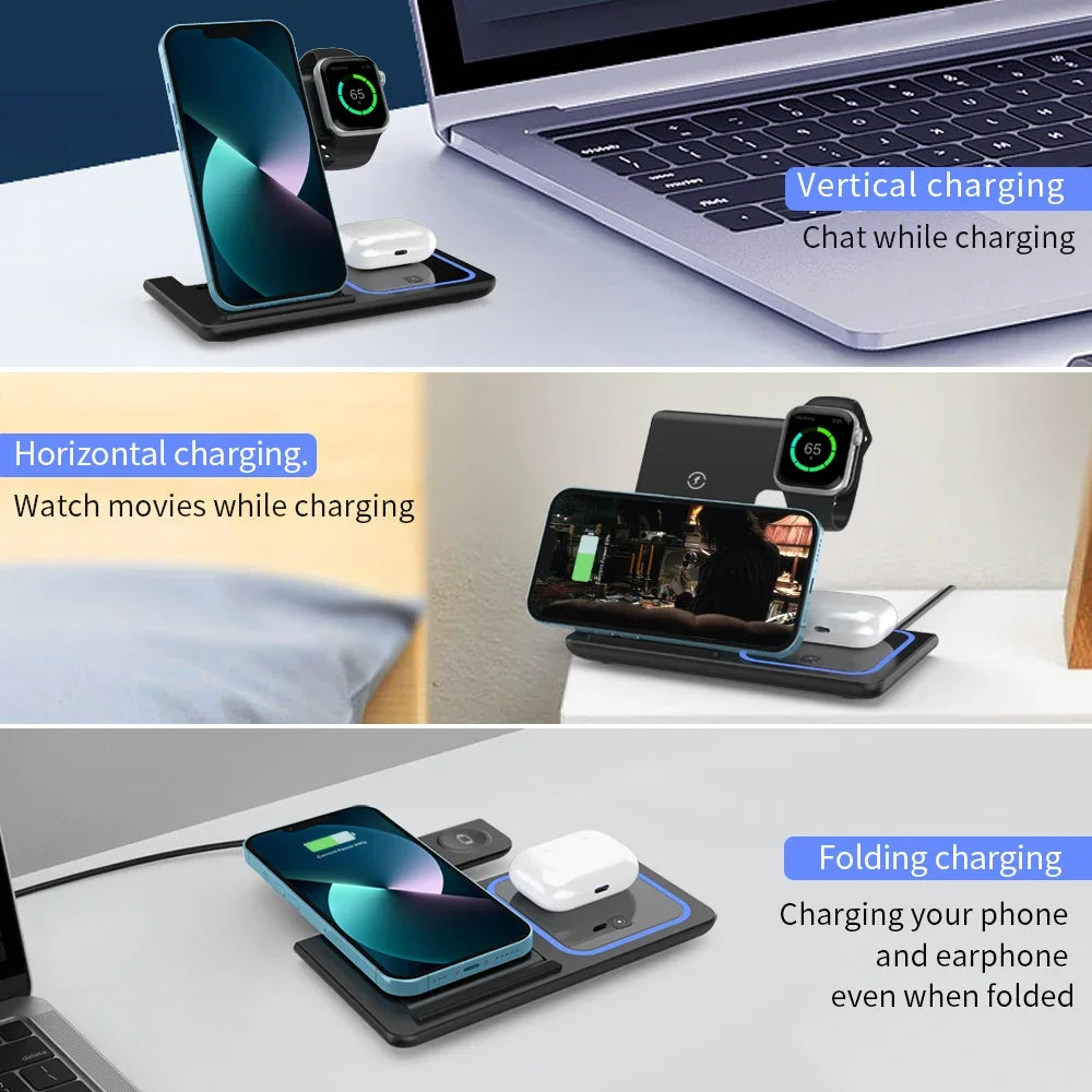3-in-1 Foldable Wireless Charging Station – Fast Desktop Charger for iPhone 16–12, Apple Watch 10–6, and AirPods 3/2