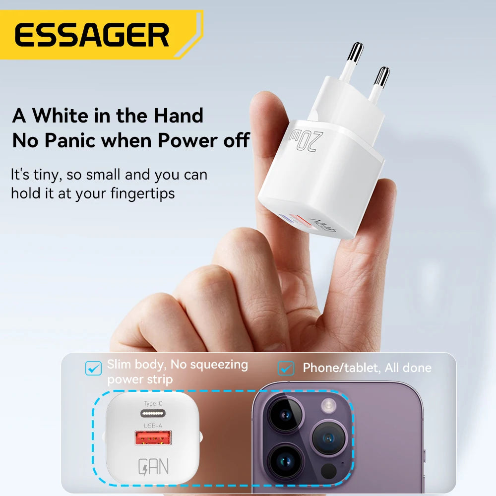 Essager 20W GaN USB-C Charger – PD & QC 3.0 Fast Charging Adapter for iPhone 14/13/12/11 Pro Max, iPad & More