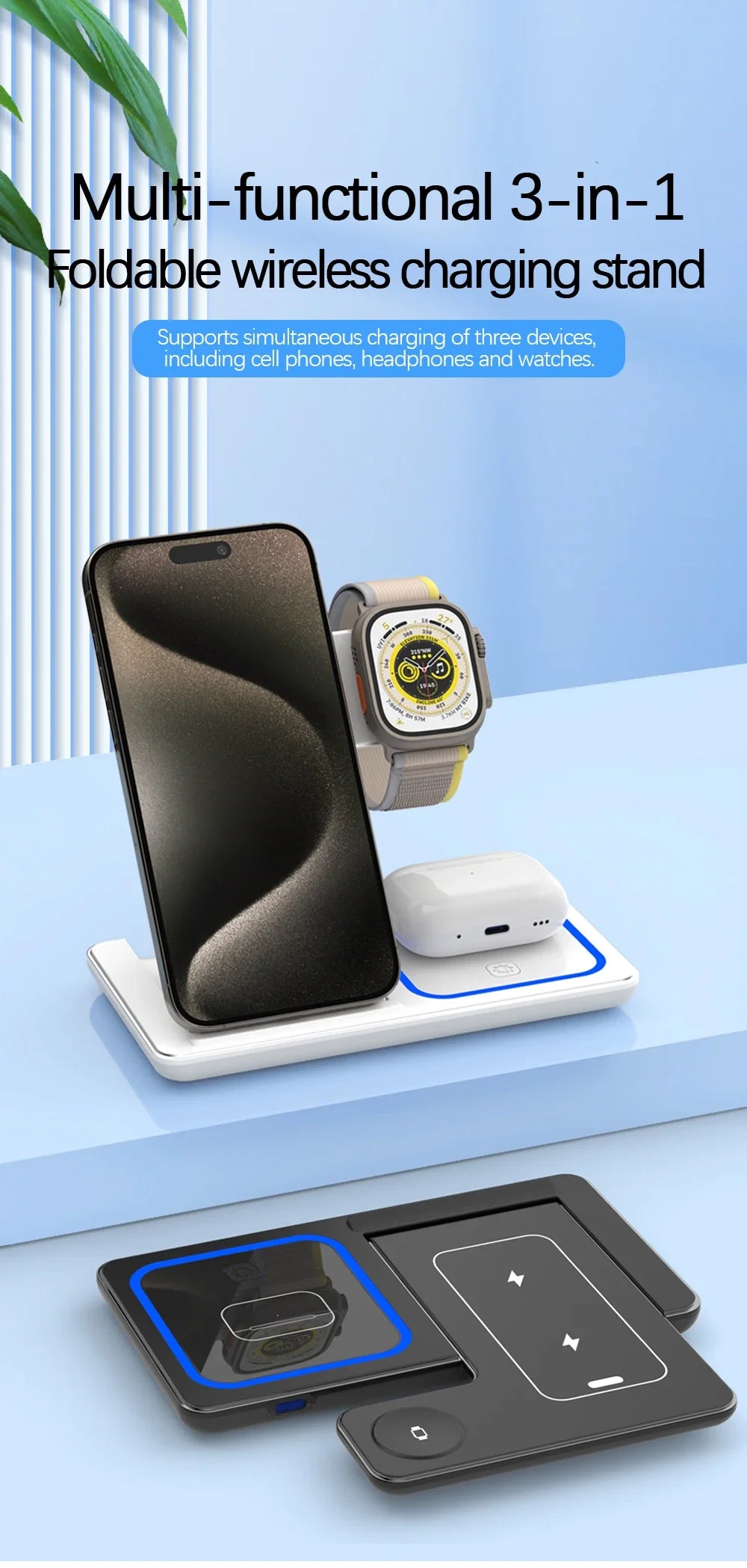 3-in-1 Foldable Wireless Charging Station – Fast Desktop Charger for iPhone 16–12, Apple Watch 10–6, and AirPods 3/2