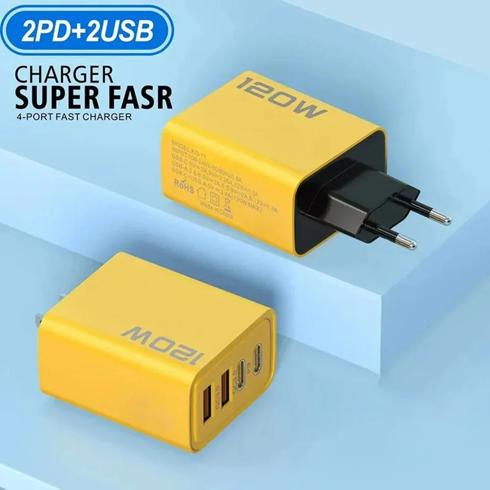 120W 4-Port USB-C PD Fast Charger – Quick Charge 3.0 Adapter for iPhone, Samsung, Xiaomi & More