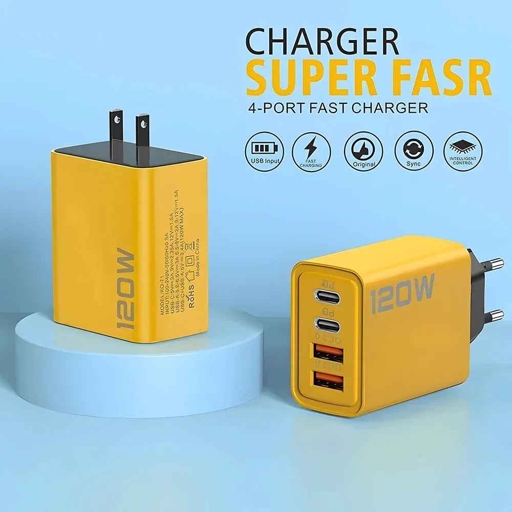 120W 4-Port USB-C PD Fast Charger – Quick Charge 3.0 Adapter for iPhone, Samsung, Xiaomi & More