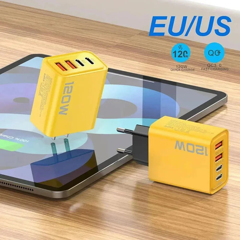 120W 4-Port USB-C PD Fast Charger – Quick Charge 3.0 Adapter for iPhone, Samsung, Xiaomi & More
