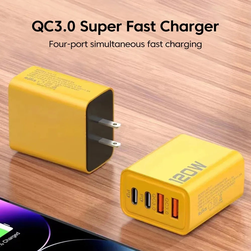 120W 4-Port USB-C PD Fast Charger – Quick Charge 3.0 Adapter for iPhone, Samsung, Xiaomi & More