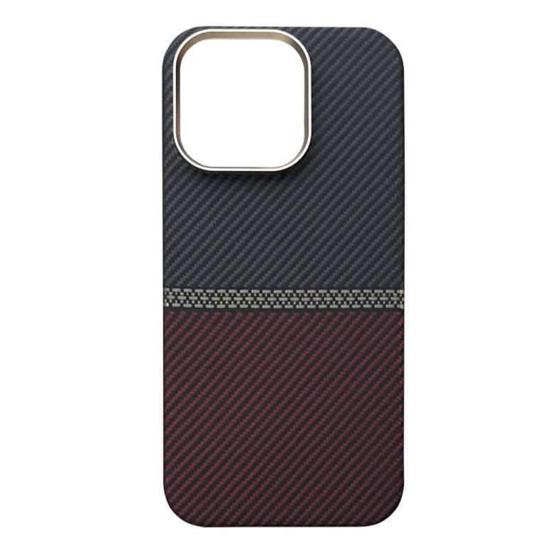 Phone case with carbon fiber texture and red diagonal pattern on a white background