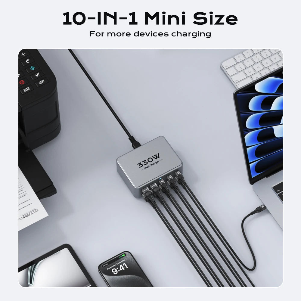 330W GaN USB-C Fast Charging Station – Multiport Charger with PD 3.0, PPS & QC 3.0 for Laptop, iPhone 15/16, Samsung, MacBook Pro & Tablet