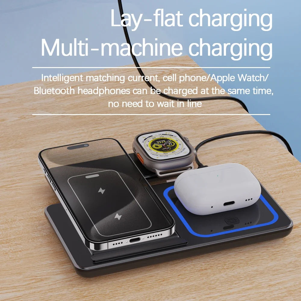 3-in-1 Foldable Wireless Charging Station – Fast Desktop Charger for iPhone 16–12, Apple Watch 10–6, and AirPods 3/2