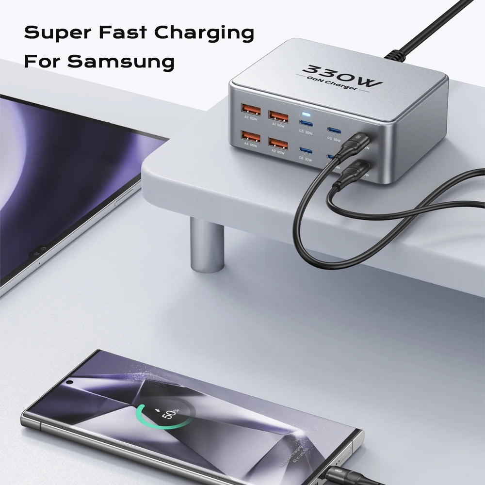 330W GaN USB-C Fast Charging Station – Multiport Charger with PD 3.0, PPS & QC 3.0 for Laptop, iPhone 15/16, Samsung, MacBook Pro & Tablet