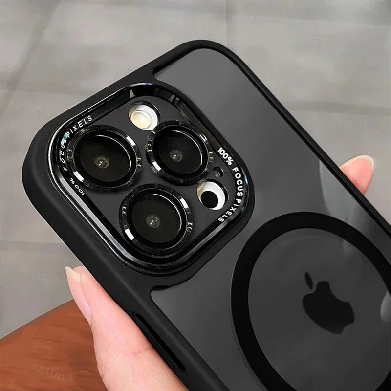 Luxury Magnetic Metal Lens Bumper Case for iPhone 13–16 Pro Max/Plus – Wireless Charging Clear Hard Cover