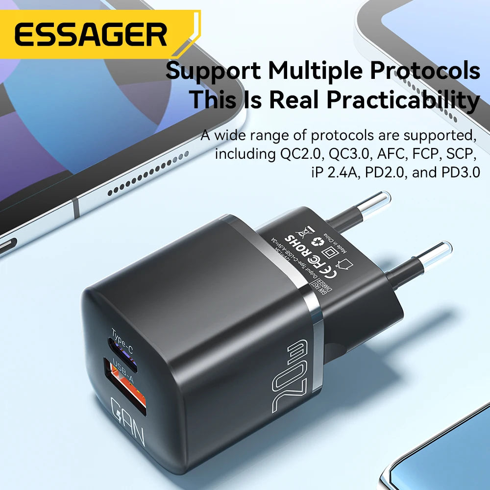 Essager 20W GaN USB-C Charger – PD & QC 3.0 Fast Charging Adapter for iPhone 14/13/12/11 Pro Max, iPad & More