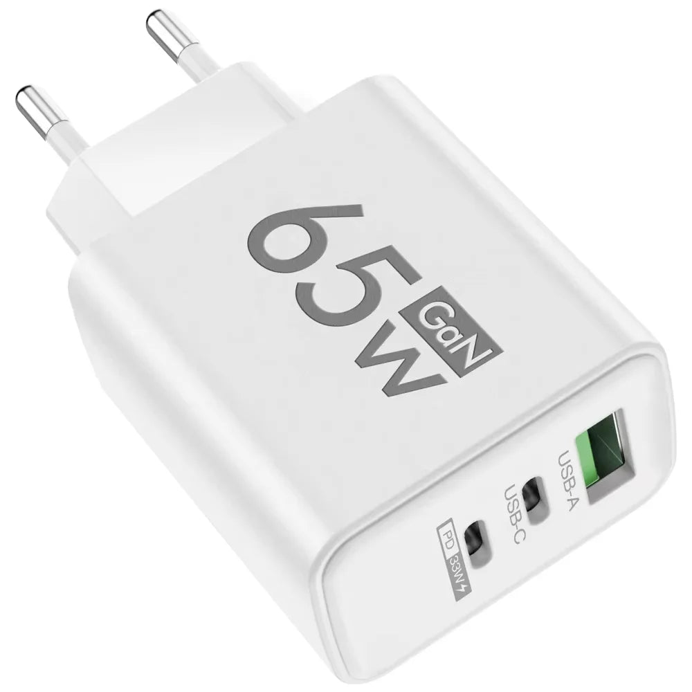 65W GaN USB-C Fast Charger – 3-Port PD Charging Adapter for iPhone 15 Pro Max, Samsung, Xiaomi, Huawei
