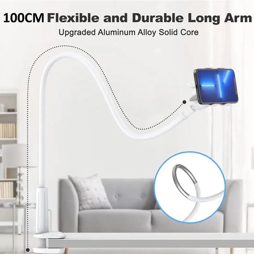 100cm Flexible Long Arm Phone Holder – 360° Clamp Mount for Bed, Desk & Car Headrest (Fits 3.5"–6.7" Phones)