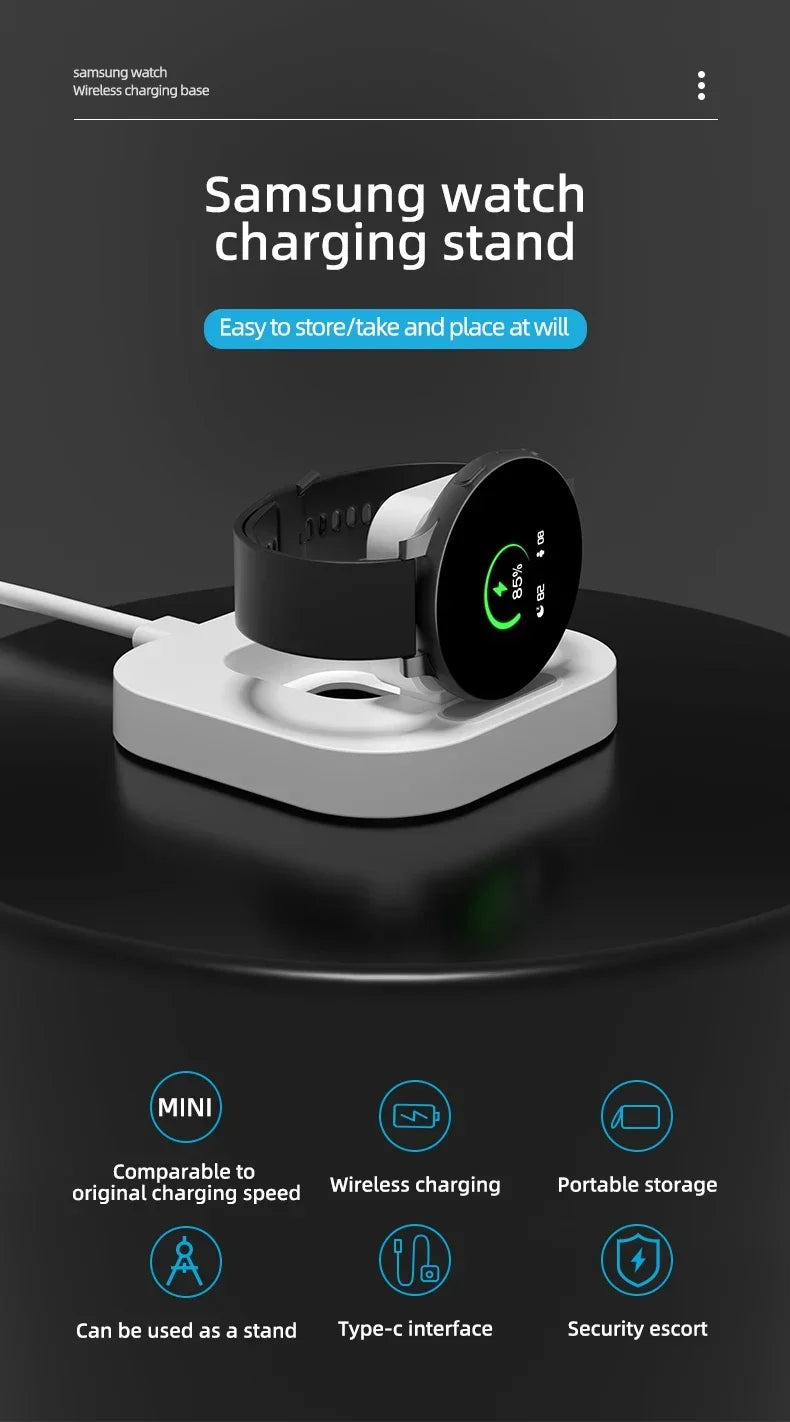 Wireless Charger Stand for Samsung Galaxy Watch 6/5/4/3 Pro – Type-C Fast Charging Dock (45mm/44mm/40mm/Classic/Active 2)