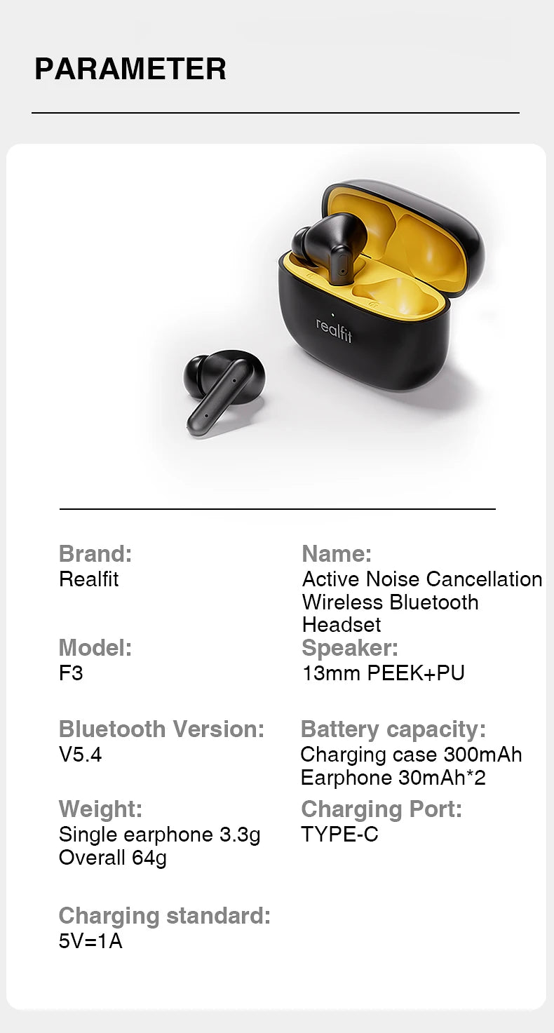 Realfit F3 ANC Bluetooth Earphones – Active Noise Cancellation, ENC Calls, HiFi Stereo, Superb Bass Wireless Earbuds for Sports & Gaming