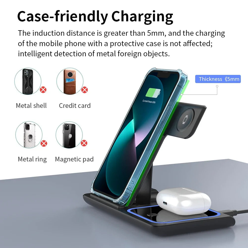 3-in-1 Foldable Wireless Charging Station – Fast Desktop Charger for iPhone 16–12, Apple Watch 10–6, and AirPods 3/2