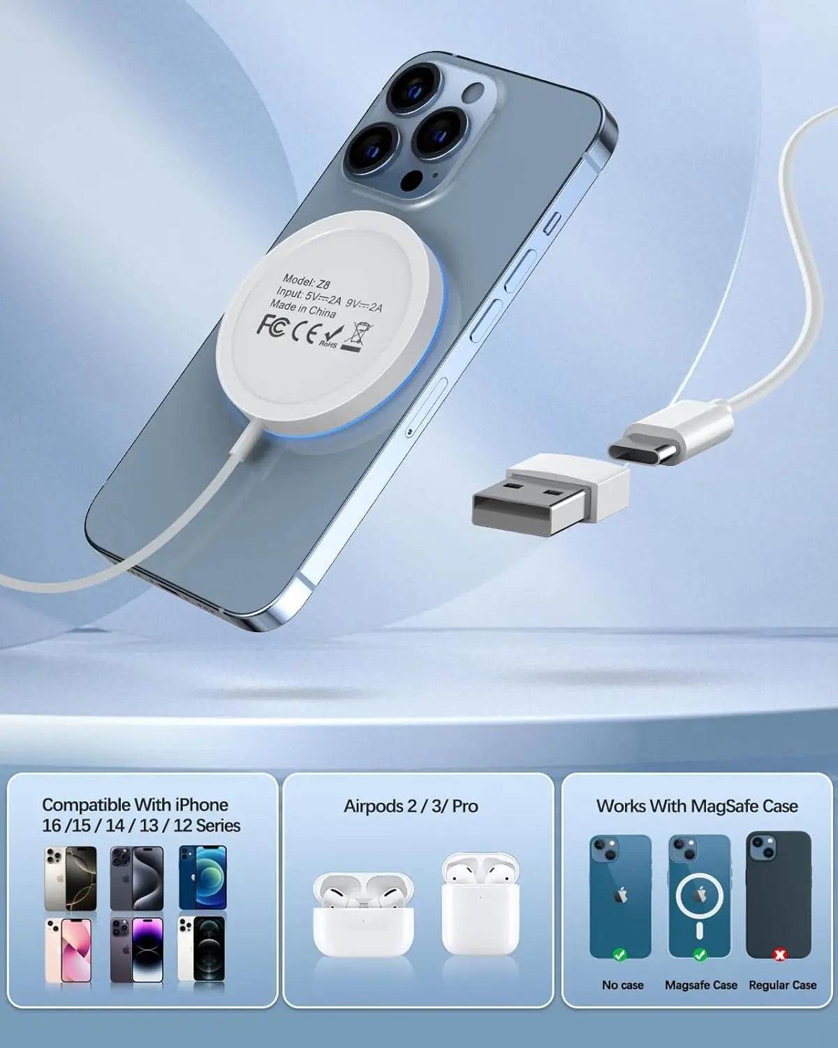 MagSafe Wireless Charger for iPhone 16/15/14/13/12/11/X/XS/XR/Plus – Fast Charging Pad with USB-C to Lightning Cable