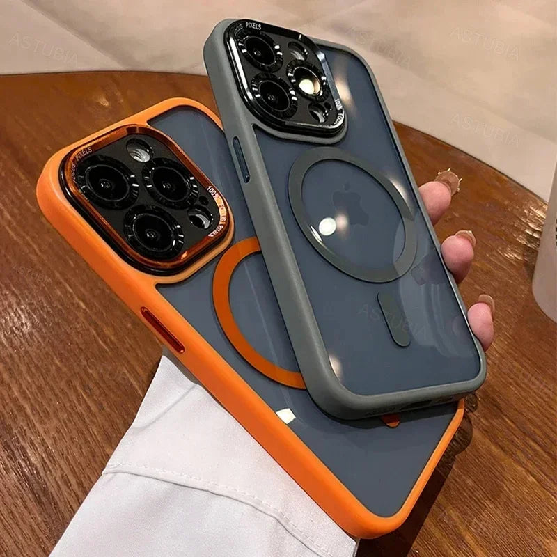 Luxury Magnetic Metal Lens Bumper Case for iPhone 13–16 Pro Max/Plus – Wireless Charging Clear Hard Cover
