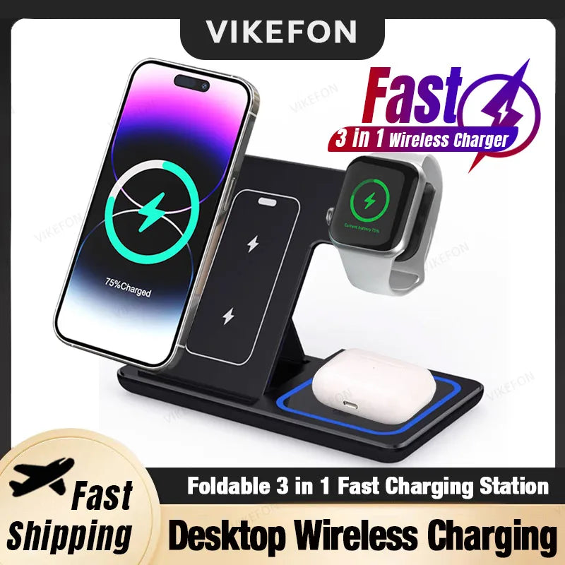 3-in-1 Foldable Wireless Charging Station – Fast Desktop Charger for iPhone 16–12, Apple Watch 10–6, and AirPods 3/2