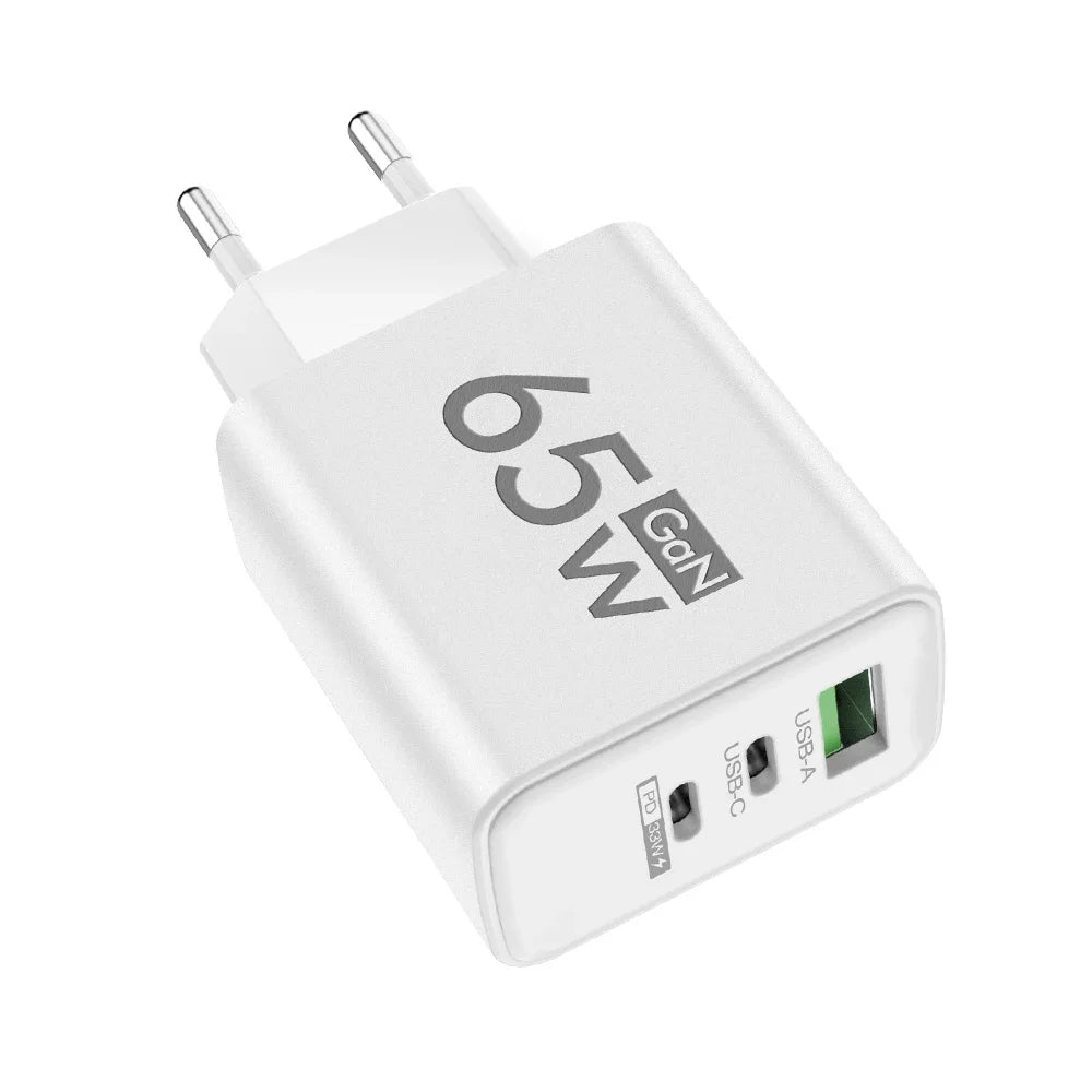 65W GaN USB-C Fast Charger – 3-Port PD Charging Adapter for iPhone 15 Pro Max, Samsung, Xiaomi, Huawei