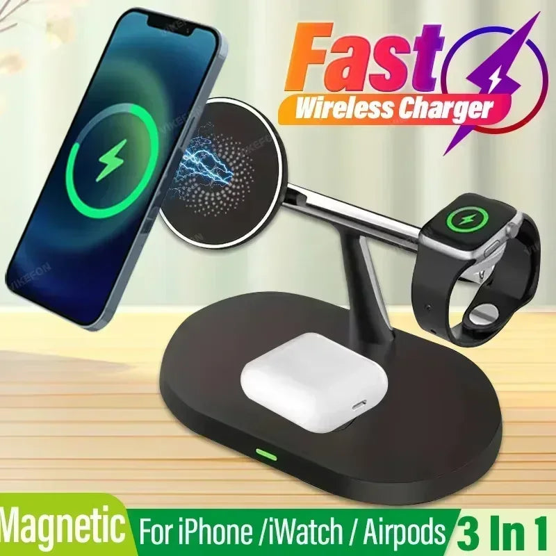 30W 3-in-1 Magnetic Wireless Charger Stand – Fast Charging Dock for iPhone 16–13, Apple Watch 8/7,