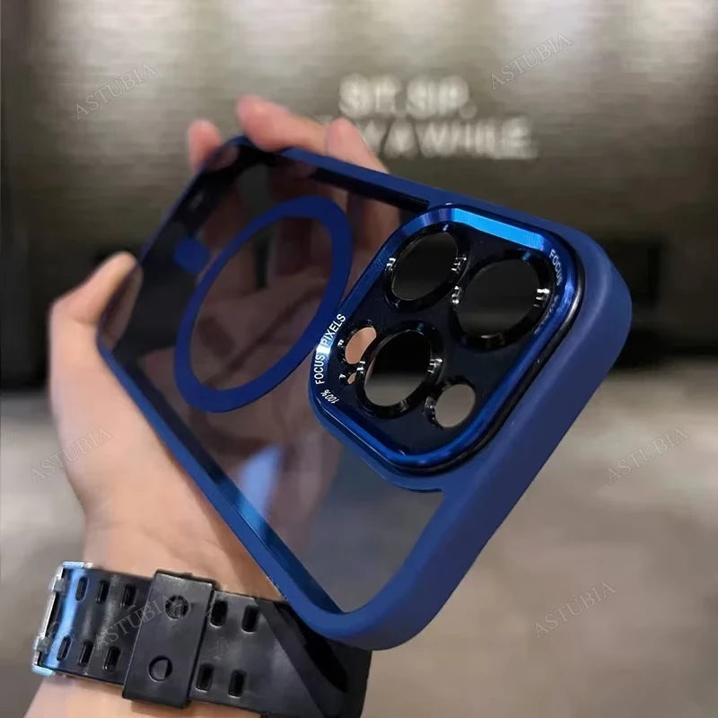 Luxury Magnetic Metal Lens Bumper Case for iPhone 13–16 Pro Max/Plus – Wireless Charging Clear Hard Cover