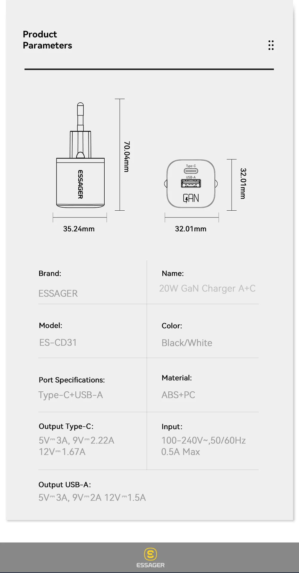 Essager 20W GaN USB-C Charger – PD & QC 3.0 Fast Charging Adapter for iPhone 14/13/12/11 Pro Max, iPad & More