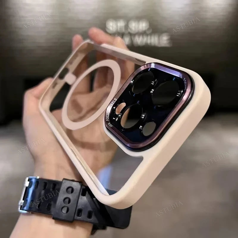 Luxury Magnetic Metal Lens Bumper Case for iPhone 13–16 Pro Max/Plus – Wireless Charging Clear Hard Cover