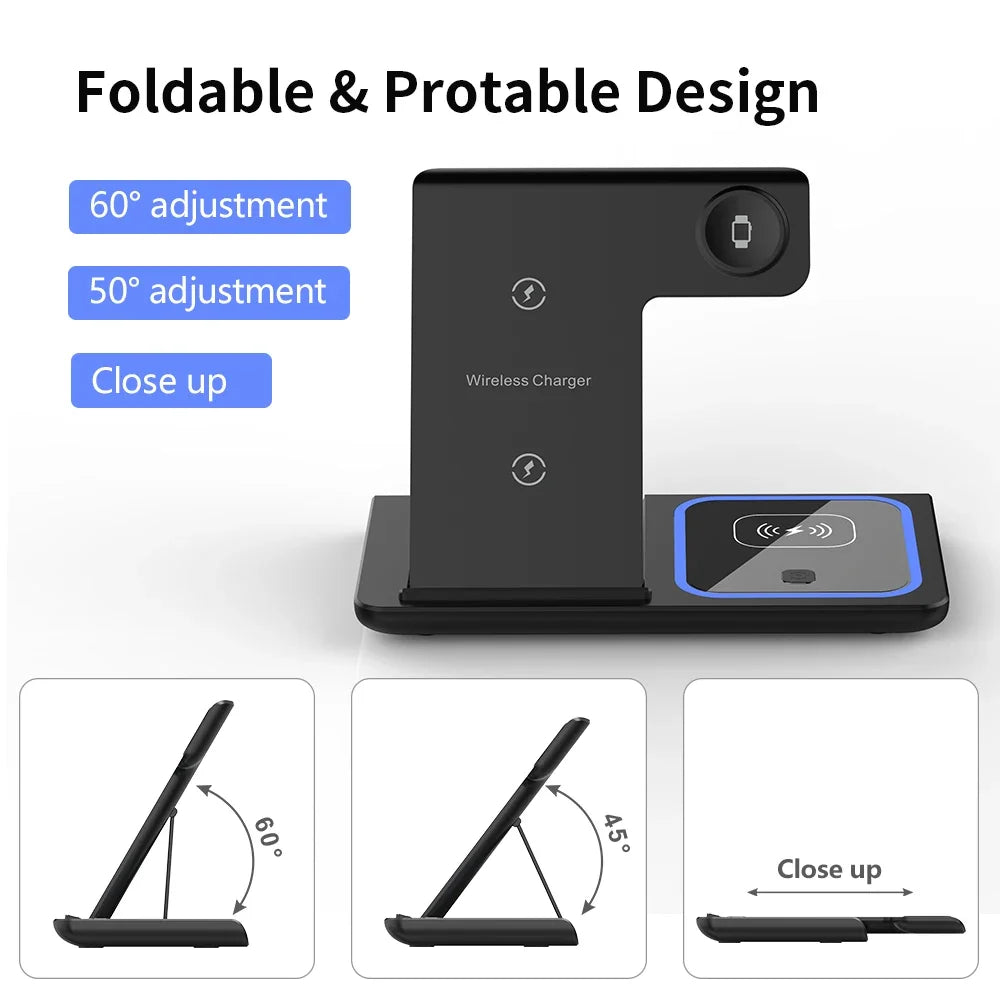 3-in-1 Foldable Wireless Charging Station – Fast Desktop Charger for iPhone 16–12, Apple Watch 10–6, and AirPods 3/2