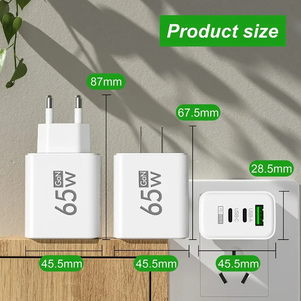 65W GaN USB-C Fast Charger – 3-Port PD Charging Adapter for iPhone 15 Pro Max, Samsung, Xiaomi, Huawei