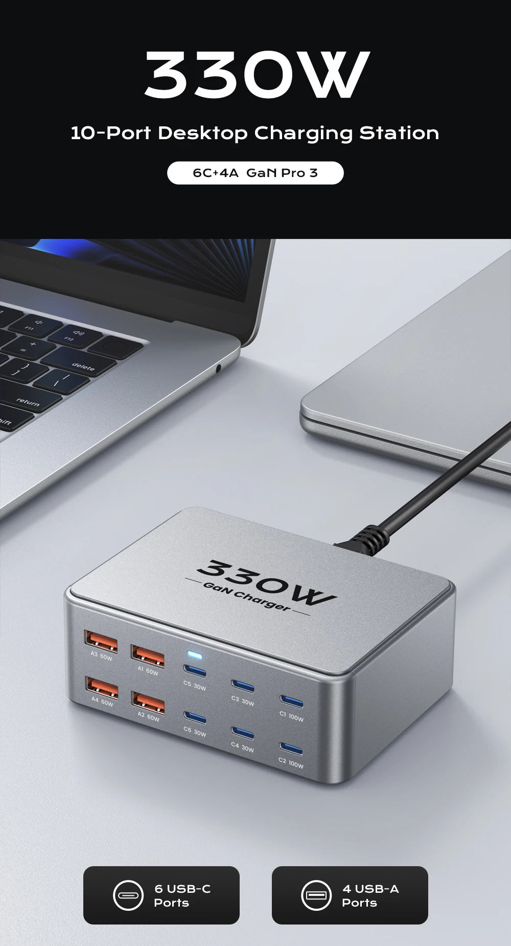 330W GaN USB-C Fast Charging Station – Multiport Charger with PD 3.0, PPS & QC 3.0 for Laptop, iPhone 15/16, Samsung, MacBook Pro & Tablet