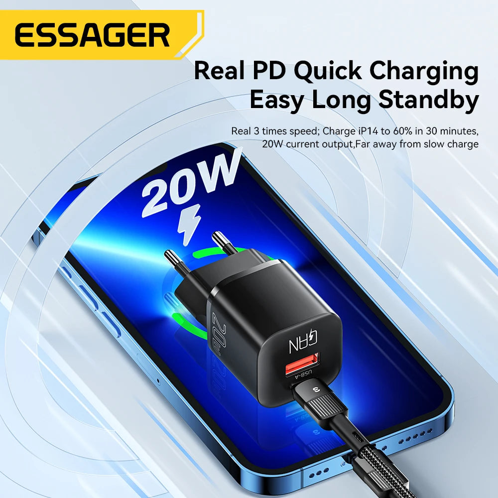 Essager 20W GaN USB-C Charger – PD & QC 3.0 Fast Charging Adapter for iPhone 14/13/12/11 Pro Max, iPad & More