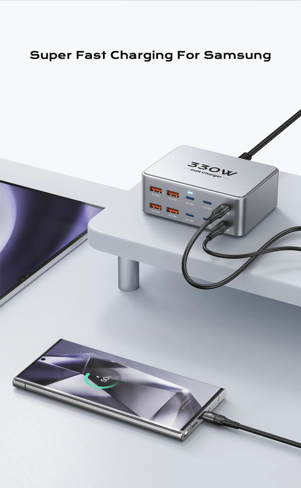 330W GaN USB-C Fast Charging Station – Multiport Charger with PD 3.0, PPS & QC 3.0 for Laptop, iPhone 15/16, Samsung, MacBook Pro & Tablet