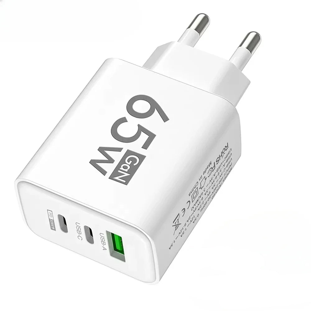 65W GaN USB-C Fast Charger – 3-Port PD Charging Adapter for iPhone 15 Pro Max, Samsung, Xiaomi, Huawei