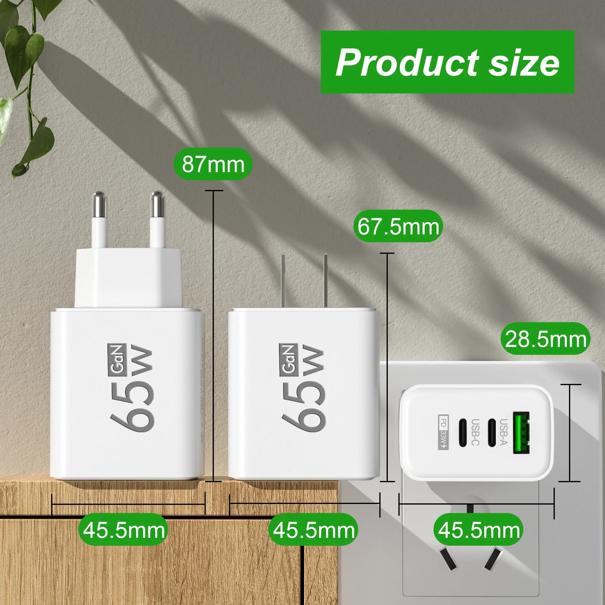65W GaN USB-C Fast Charger – 3-Port PD Charging Adapter for iPhone 15 Pro Max, Samsung, Xiaomi, Huawei