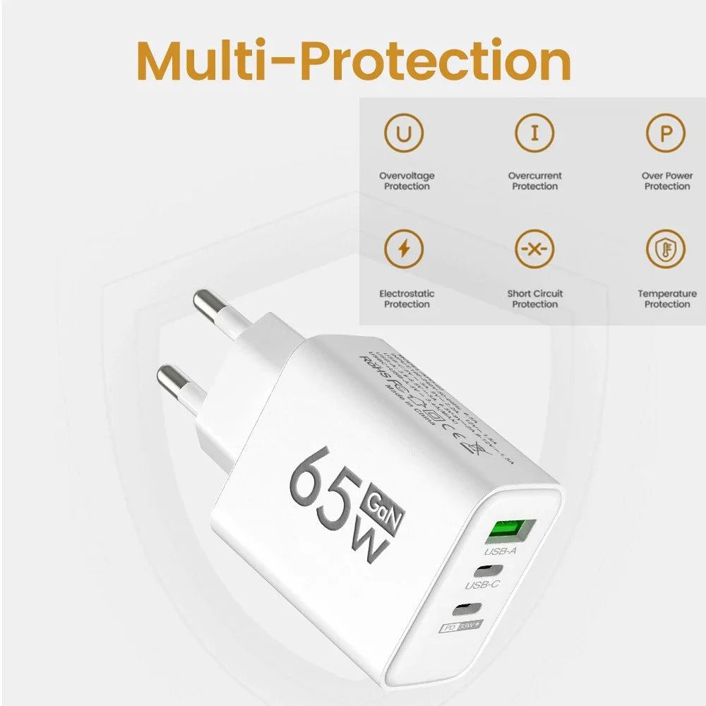 65W GaN USB-C Fast Charger – 3-Port PD Charging Adapter for iPhone 15 Pro Max, Samsung, Xiaomi, Huawei