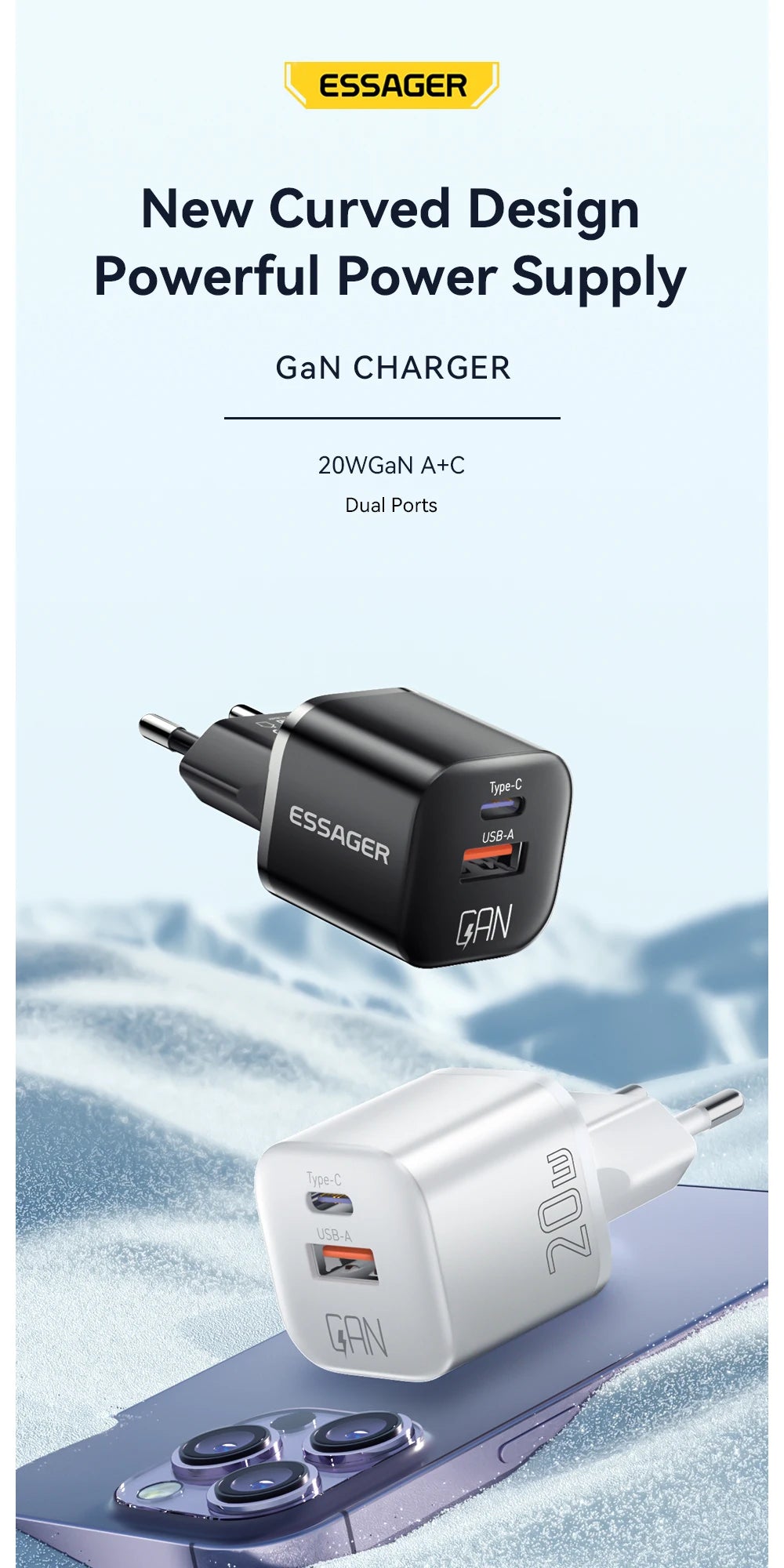 Essager 20W GaN USB-C Charger – PD & QC 3.0 Fast Charging Adapter for iPhone 14/13/12/11 Pro Max, iPad & More