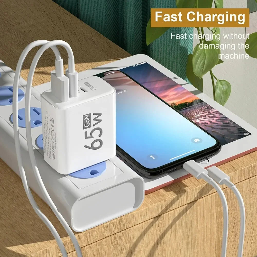 65W GaN USB-C Fast Charger – 3-Port PD Charging Adapter for iPhone 15 Pro Max, Samsung, Xiaomi, Huawei