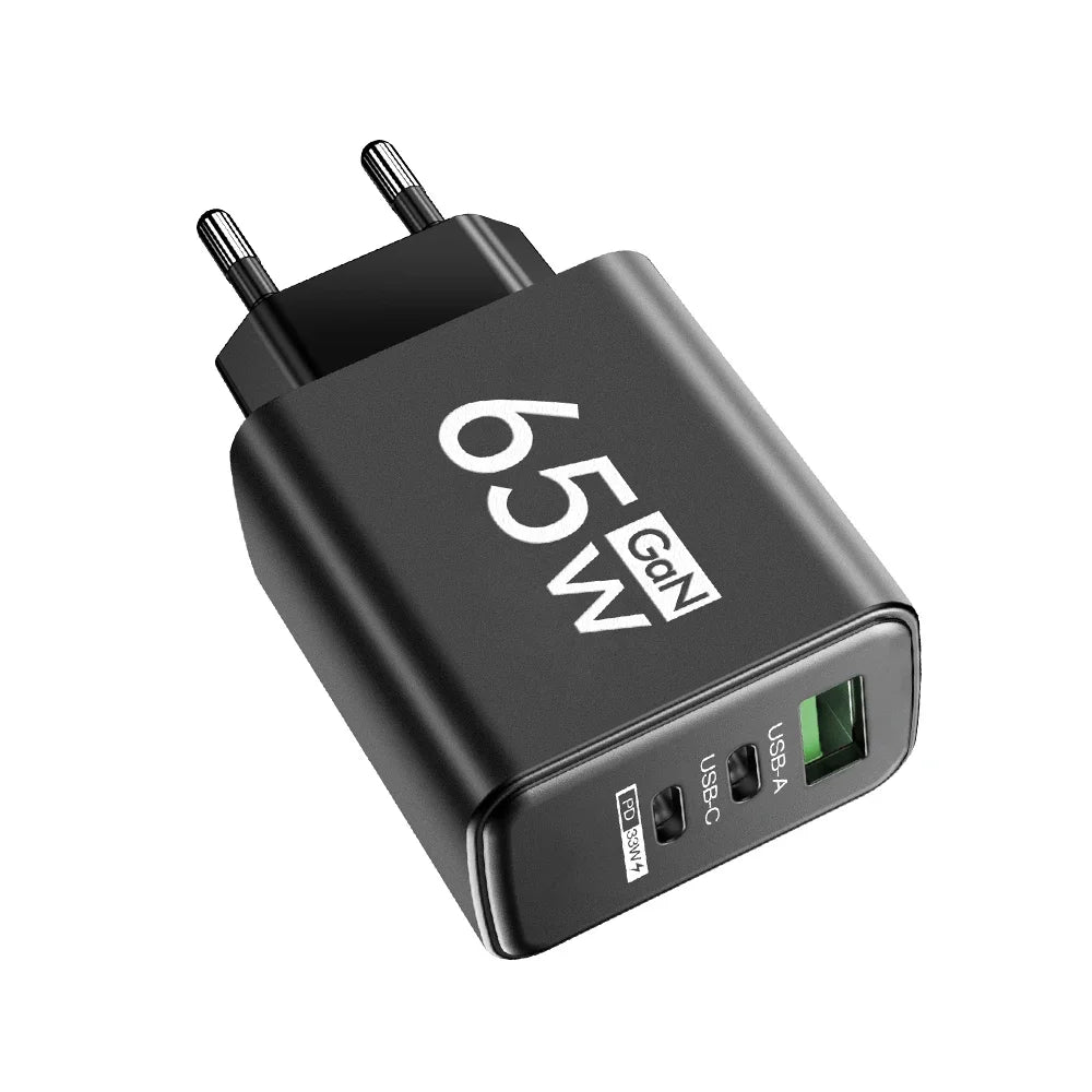 65W GaN USB-C Fast Charger – 3-Port PD Charging Adapter for iPhone 15 Pro Max, Samsung, Xiaomi, Huawei
