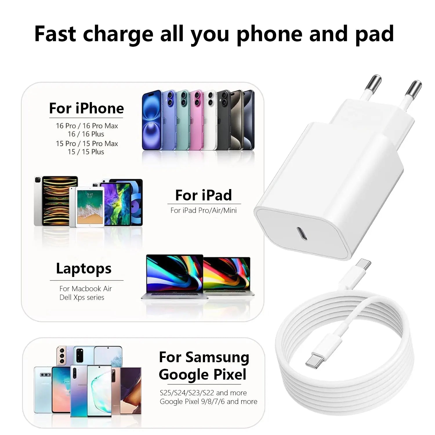 PD 20W Fast Charger with Type-C Cable – Compatible with iPhone 14/13/12/11 Pro Max, XR, 8, 7, 6 Plus