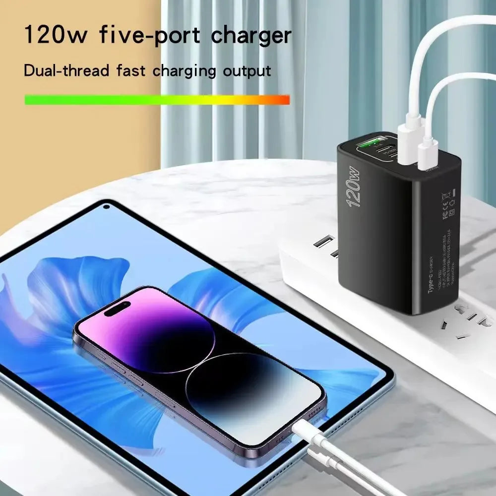 120W Multi-Port USB Charger – Type-C Fast Charging Adapter for iPhone 15, Samsung, Huawei, Xiaomi & More