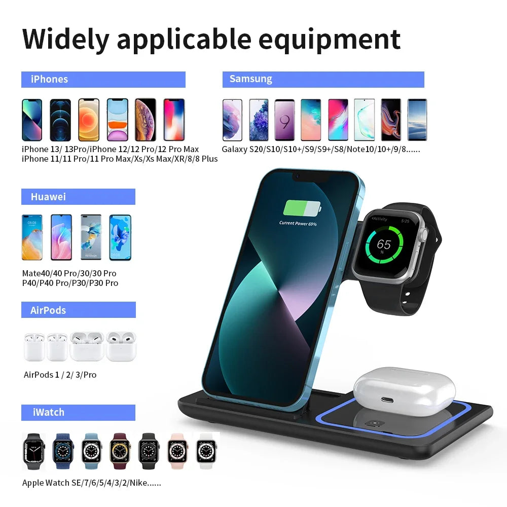 3-in-1 Foldable Wireless Charging Station – Fast Desktop Charger for iPhone 16–12, Apple Watch 10–6, and AirPods 3/2