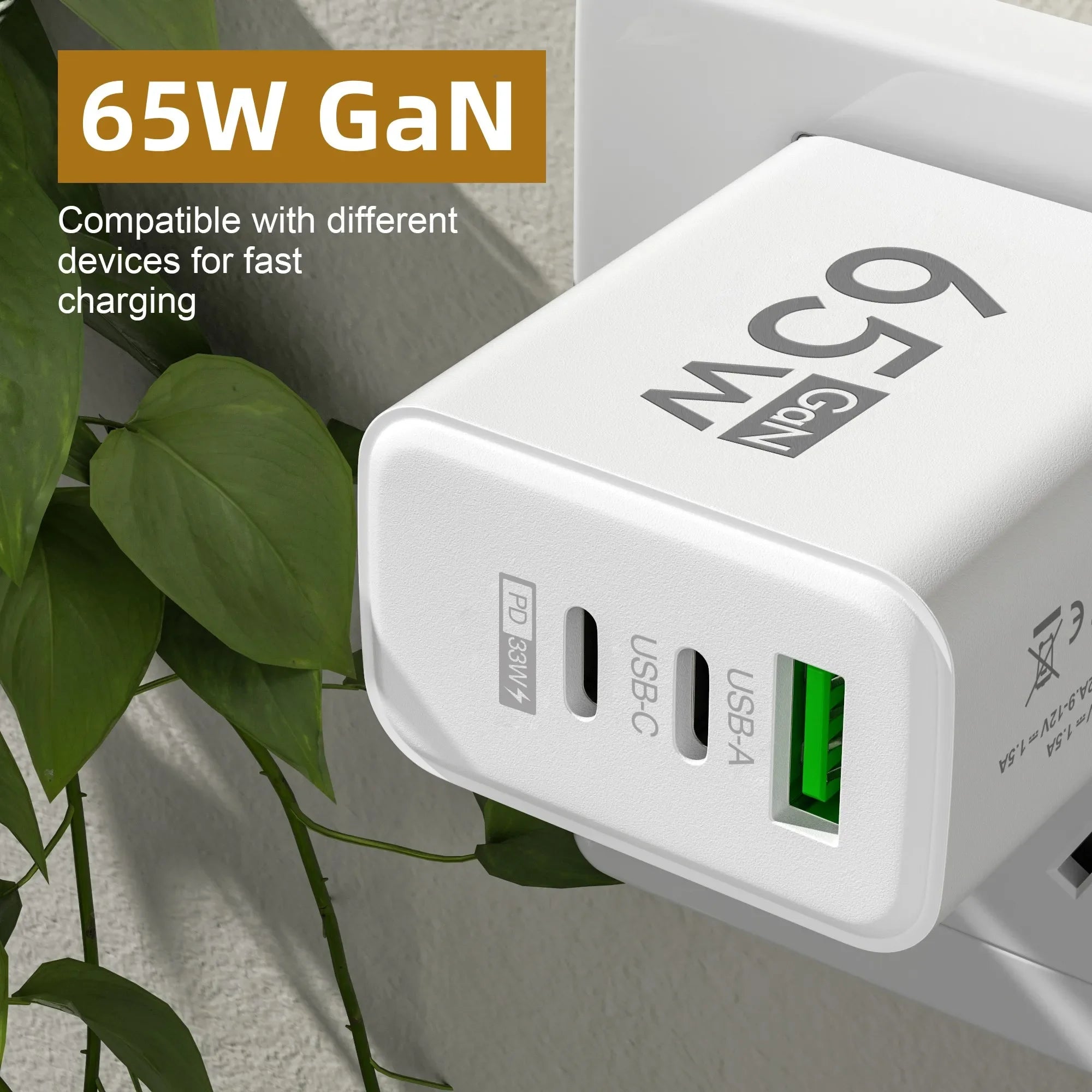 65W GaN USB-C Fast Charger – 3-Port PD Charging Adapter for iPhone 15 Pro Max, Samsung, Xiaomi, Huawei