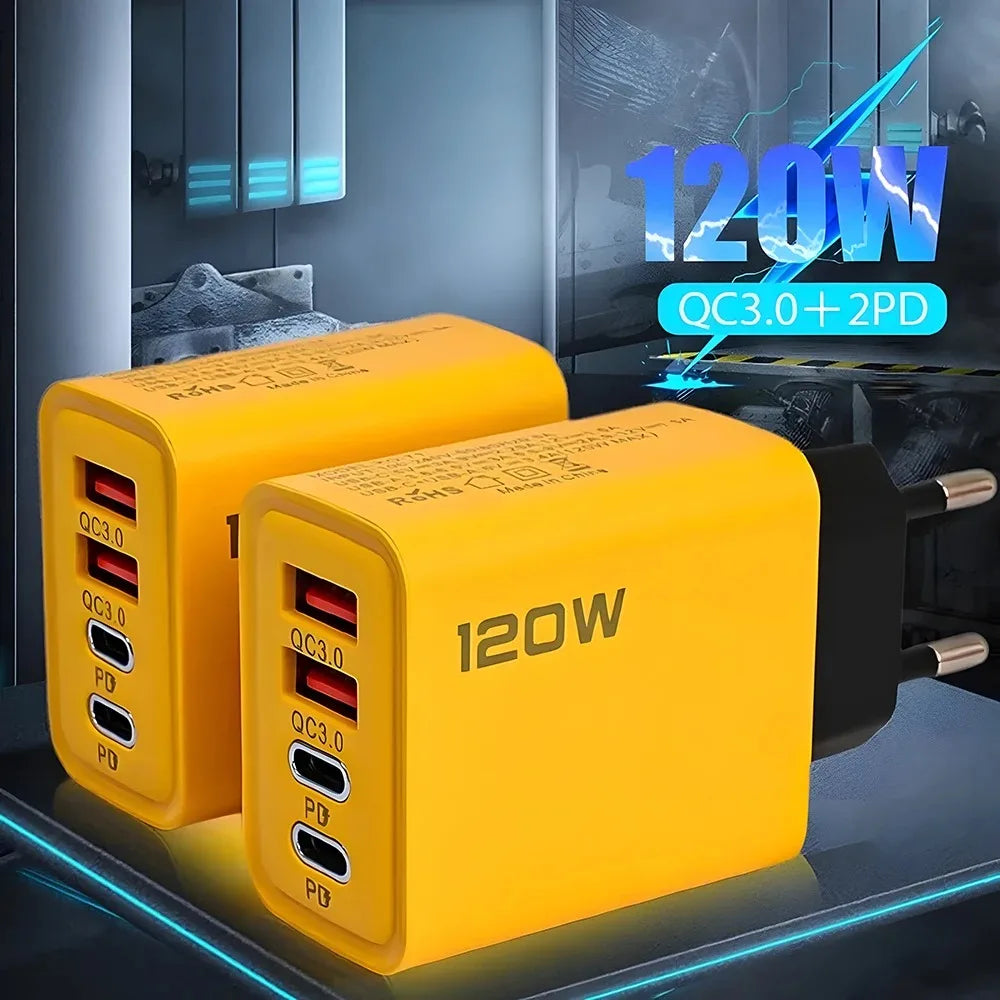 120W 4-Port USB-C PD Fast Charger – Quick Charge 3.0 Adapter for iPhone, Samsung, Xiaomi & More