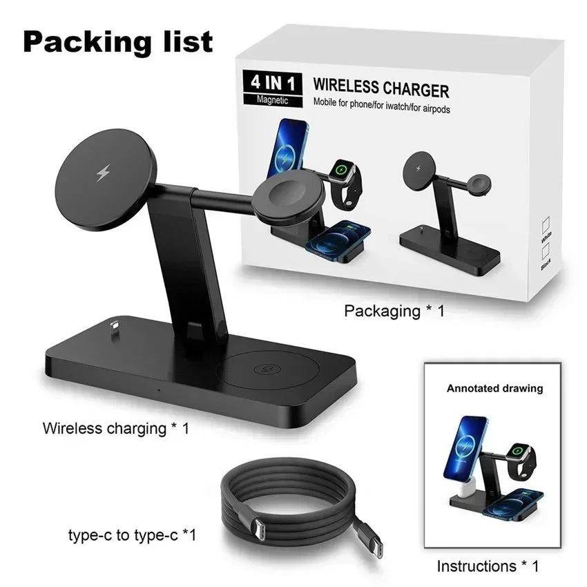 30W 3-in-1 Magnetic Wireless Charger Stand – Fast Charging Dock for iPhone 16–13, Apple Watch 8/7,