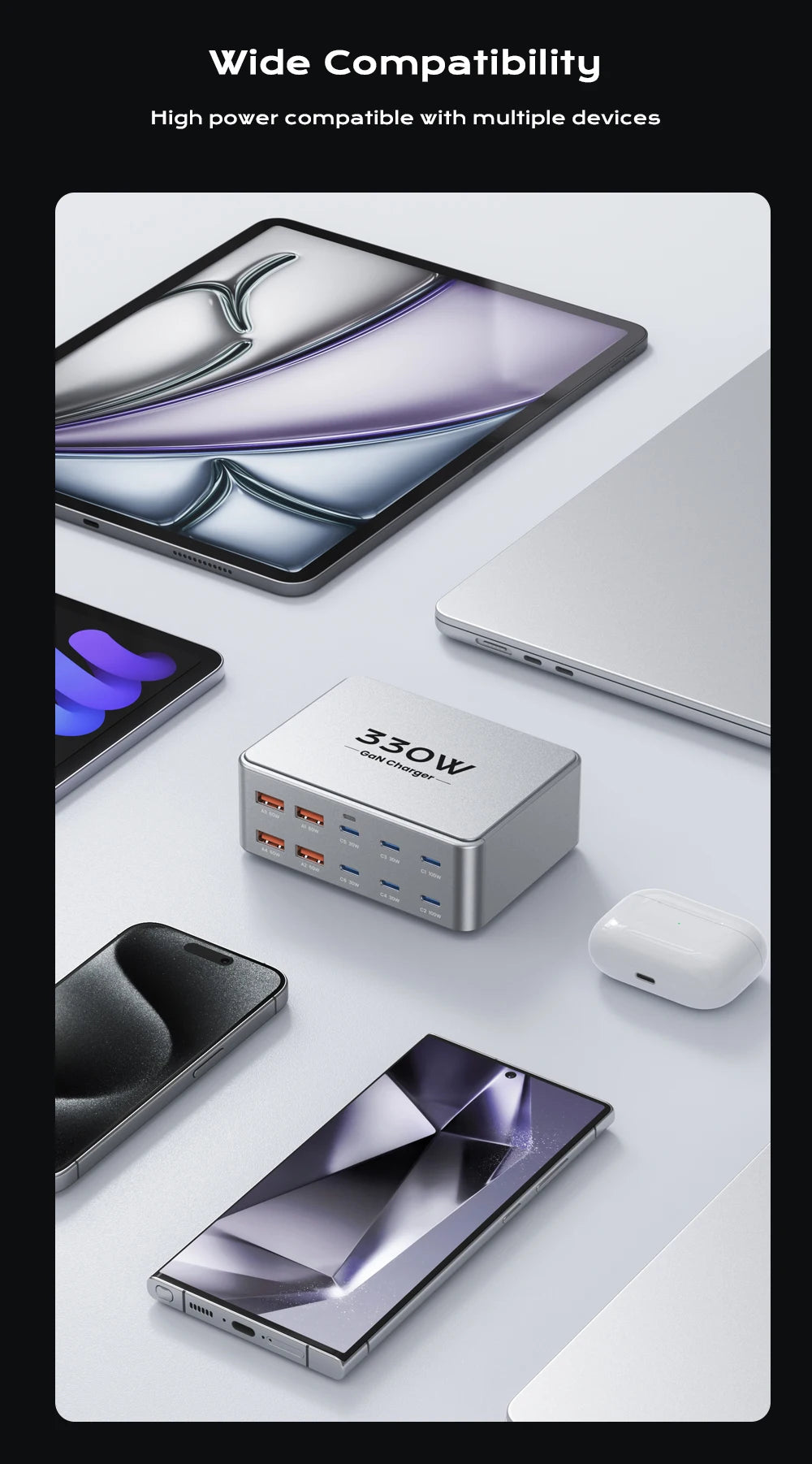 330W GaN USB-C Fast Charging Station – Multiport Charger with PD 3.0, PPS & QC 3.0 for Laptop, iPhone 15/16, Samsung, MacBook Pro & Tablet