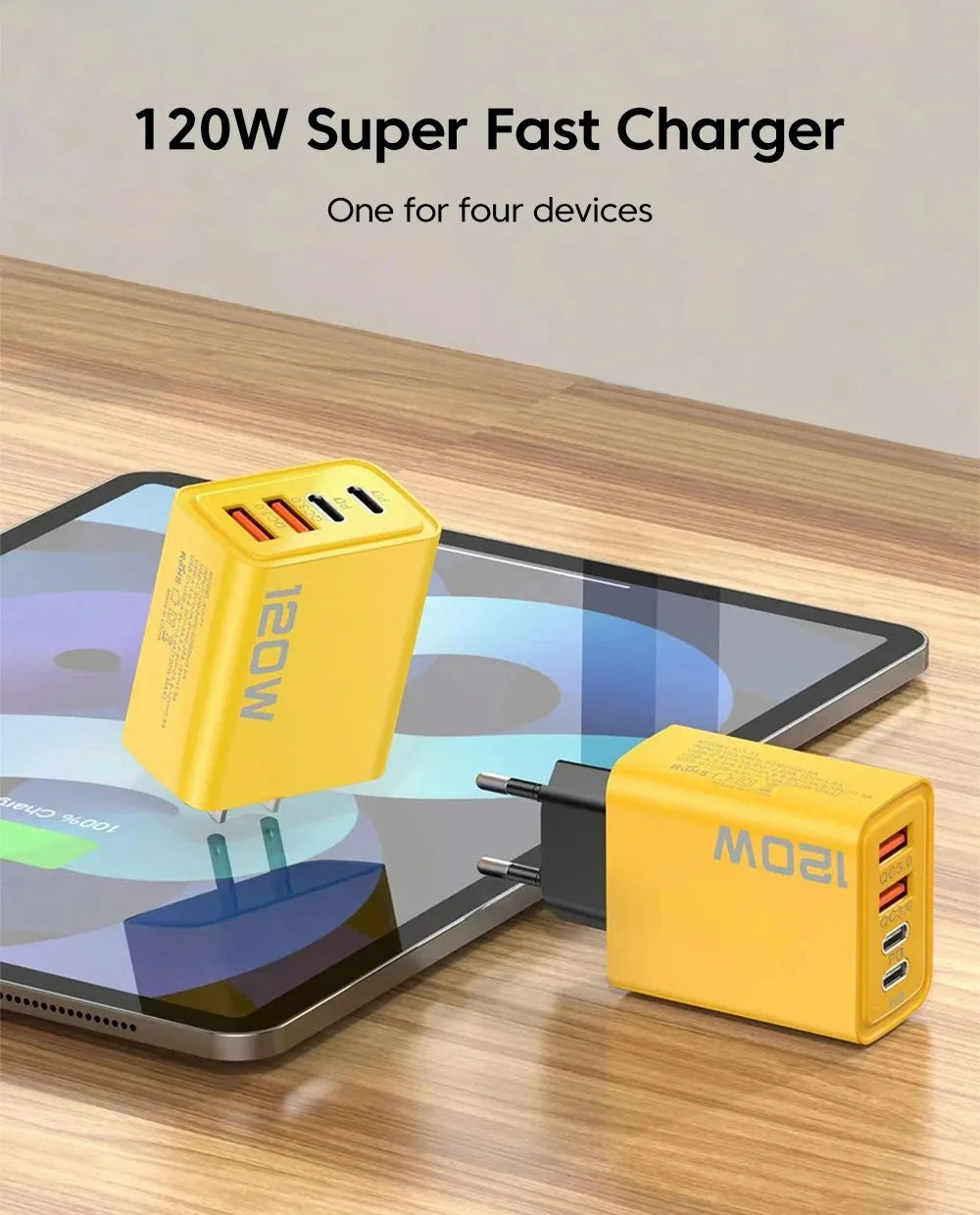 120W 4-Port USB-C PD Fast Charger – Quick Charge 3.0 Adapter for iPhone, Samsung, Xiaomi & More