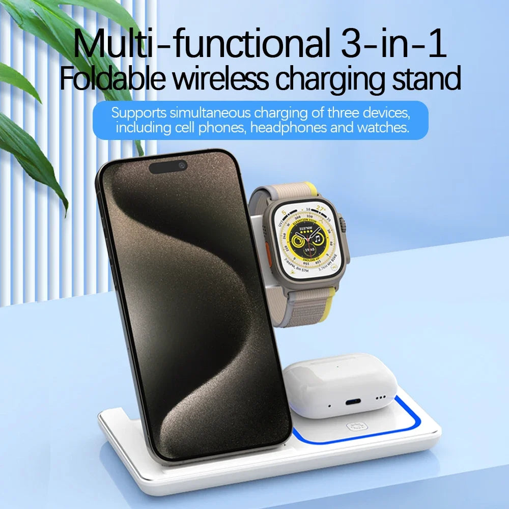 3-in-1 Foldable Wireless Charging Station – Fast Desktop Charger for iPhone 16–12, Apple Watch 10–6, and AirPods 3/2