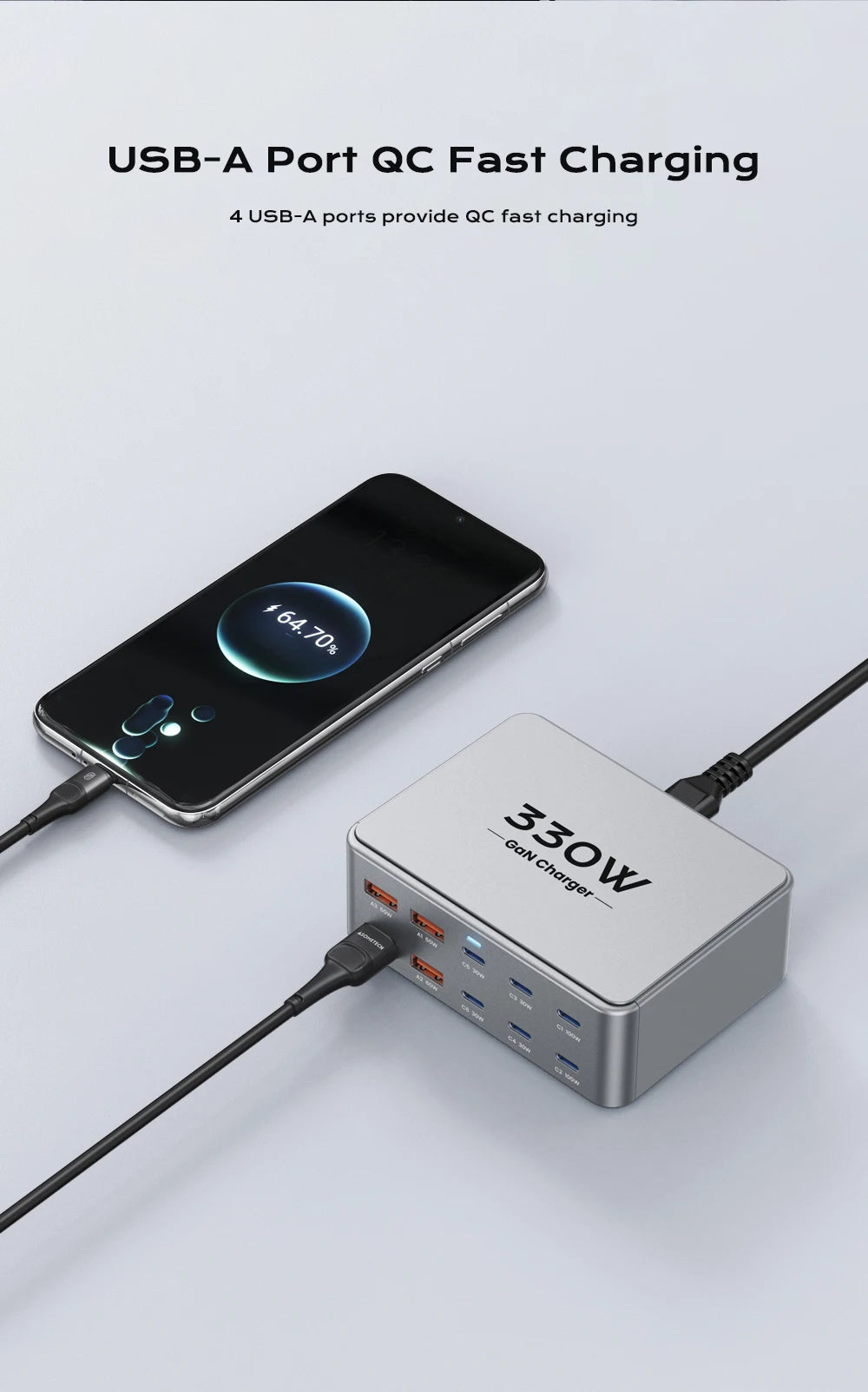 330W GaN USB-C Fast Charging Station – Multiport Charger with PD 3.0, PPS & QC 3.0 for Laptop, iPhone 15/16, Samsung, MacBook Pro & Tablet