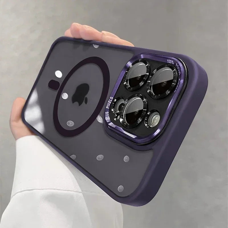 Luxury Magnetic Metal Lens Bumper Case for iPhone 13–16 Pro Max/Plus – Wireless Charging Clear Hard Cover
