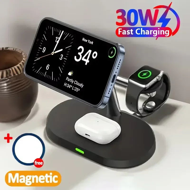 30W 3-in-1 Magnetic Wireless Charger Stand – Fast Charging Dock for iPhone 16–13, Apple Watch 8/7,