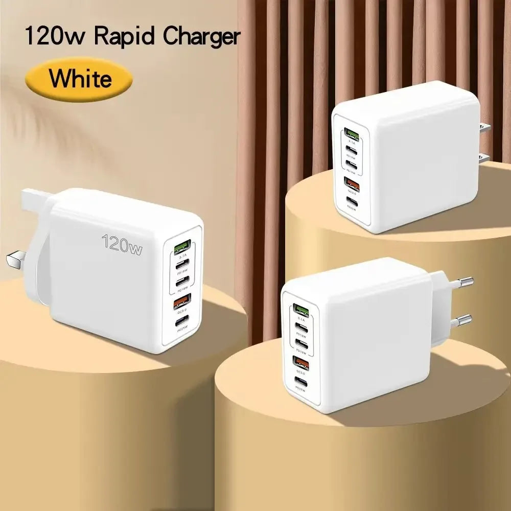 120W Multi-Port USB Charger – Type-C Fast Charging Adapter for iPhone 15, Samsung, Huawei, Xiaomi & More